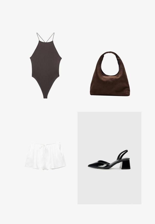 Brown, high-neck one-piece swimsuit with thin, adjustable straps; features a high-cut leg and smooth texture. No patterns or embellishments.; White cotton shorts with an elastic waistband, adjustable drawstring, and side pockets. Soft texture and simple design with a loose fit.; Black patent leather slingback heels with a pointed toe and a geometric block heel. Features a sleek, minimal design and smooth texture.; Soft brown hobo-style handbag with a single wide strap and a curved top handle opening, displayed on a white background.; Stradivarius FLORAL - Necklace - beige