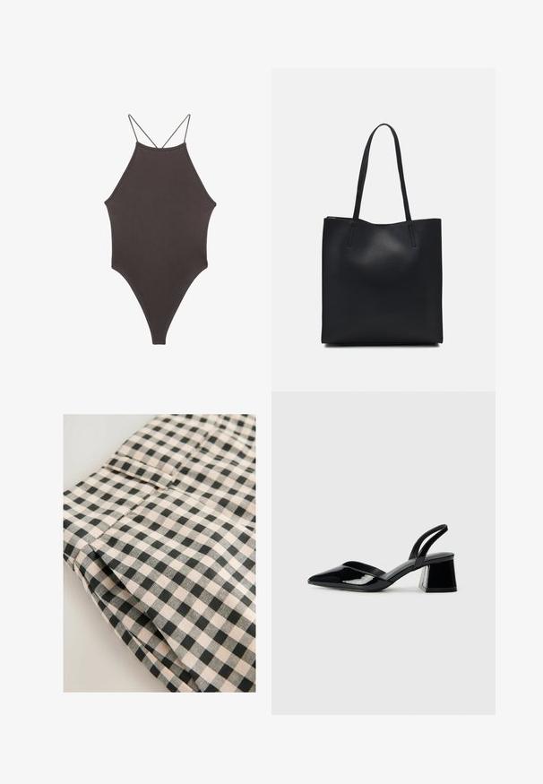 Hnědé, jednodílné plavky s vysokým krkem a tenkými, nastavitelnými ramínky; mají vysoký střih nohavic a hladkou texturu. Žádné vzory ani ozdoby.; Černobéžová kostkovaná látka s hladkou texturou. Detail ukazuje složenou část s kapsou a čistě zakončenými liniemi.; Černé lakované kožené lodičky na pásku s špičatou špičkou a geometrickým blokovým podpatkem. Vyznačují se elegantním, minimalistickým designem a hladkým povrchem.; Černá kožená taška přes rameno s hladkým povrchem, obdélníkovým tvarem a dvěma dlouhými uchy. Žádné viditelné kování ani ozdoby.