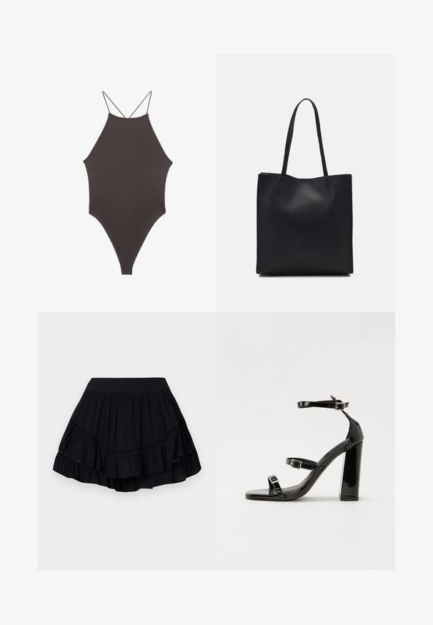 Brun højhalset heldragt badedragt med tynde, justerbare stropper; har højt skåret ben og glat tekstur. Ingen mønstre eller udsmykninger.; Sort, lagdelt, rynket nederdel med elastisk talje og fine blondekanter, lavet af letvægtsstof, med en svajet silhuet.; Sorte laklædersandaler med høje hæle, to spænderemme, firkantet tå og en kraftig blokhæl, der har en glat, blank overflade.; Sort læder tote taske med glat tekstur, rektangulær form og to lange hanke. Ingen synlig hardware eller udsmykninger.