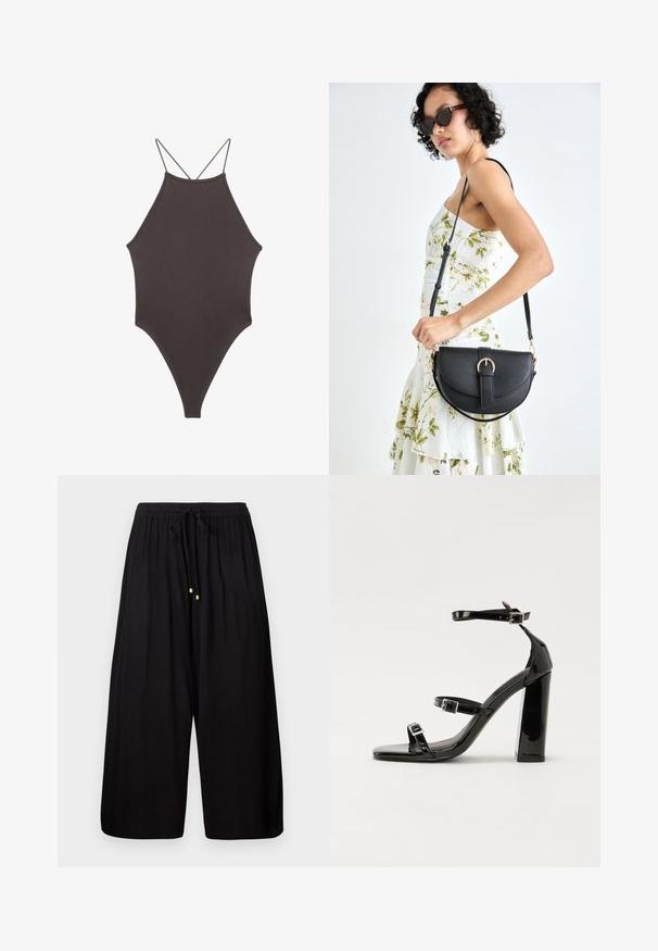 Rjav, enodelni kopalke z visokim ovratnikom in tankimi nastavljivimi naramnicami; ima visok rez na nogah in gladko teksturo. Brez vzorcev ali okrasnih elementov.; Črne široke hlače iz teksturirane tkanine. Imajo elastičen pas z vrvico in zlatimi dodatki na koncu.; Črne lakirane sandale s peto, kvadratnim prstom, trakovi okrog gležnja in srebrnimi zaponkami. Opremljene so s stabilno Debelo peto.; Črna usnjena torbica s ukrivljeno obliko, z odstranljivo naramnico in zlatimi dodatki. Torbica ima pokrov s podrobnostmi v obliki zaponke.