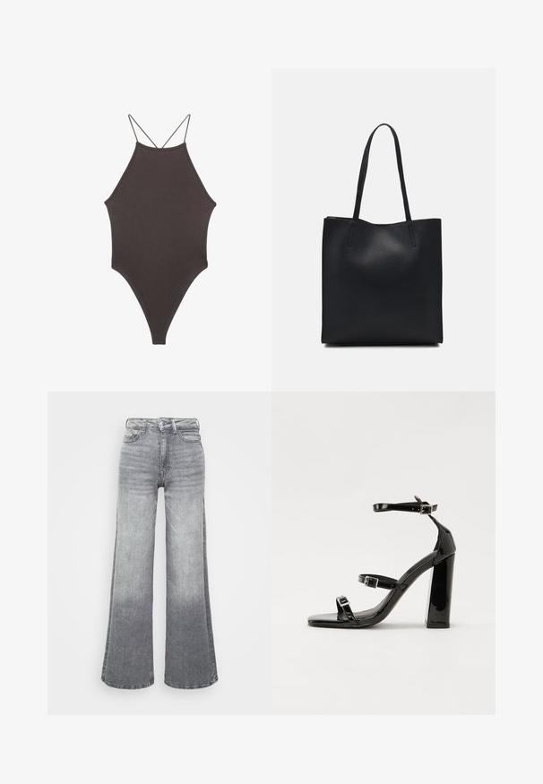 Rjav, enodelni kopalke z visokim ovratnikom in tankimi nastavljivimi naramnicami; ima visok rez na nogah in gladko teksturo. Brez vzorcev ali okrasnih elementov.; Sive usnjene široke hlače z gradientom od svetle do temne, s povišanim pasom, petimi žepki in klasičnim gumbom.; Črne lakaste sandale z visokimi petami, z dvema trakovoma z zaponkama, kvadratnim sprednjim delom in masivno širšo peto, z gladko, sijočo teksturo.; Črna usnjena torba s svilnato teksturo, pravokotne oblike in dvema dolgima ročajema. Brez vidnih metalnih delov ali okrasnih elementov.