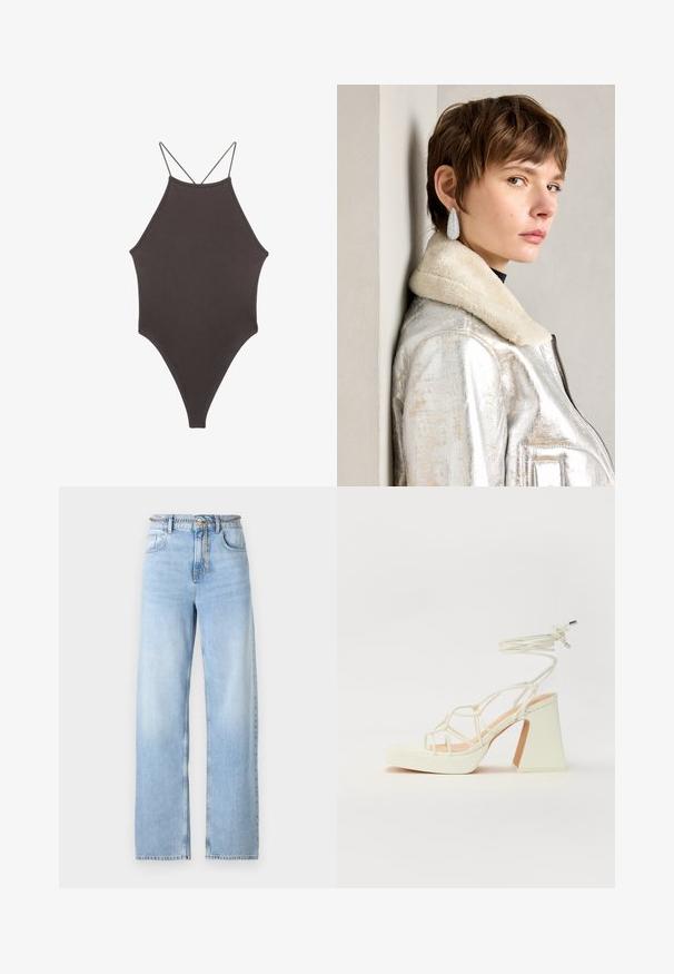 Ruskea, korkeakauluksinen yksiosainen uimapuku, jossa on ohuet, säädettävät hihnat; siinä on korkea lahje ja sileä tekstuuri. Ei kuvioita tai koristeita.; Vaaleansiniset avaraa lahkeet farkut, joissa on korkea vyötärö, etutaskut ja ketjunauha koristeena. Sileä rakenne, jossa on hieno haalistuminen.; Valkoinen korkokenkä, jossa on paksu korko, ja joka sisältää nauhakiinnityksen ja nilkkaketjun. Sujuva pinta, jossa on platform-etupohja lisäkorkeutta varten.; Hopealaisia metallisia nahkatakkeja, jossa on turkis kaulus, varustettuna vetoketjulla ja teksturoidulla pinnalla. Suuret pisaramuotoiset korvakorut, joissa on kirkkaat jalokivet.