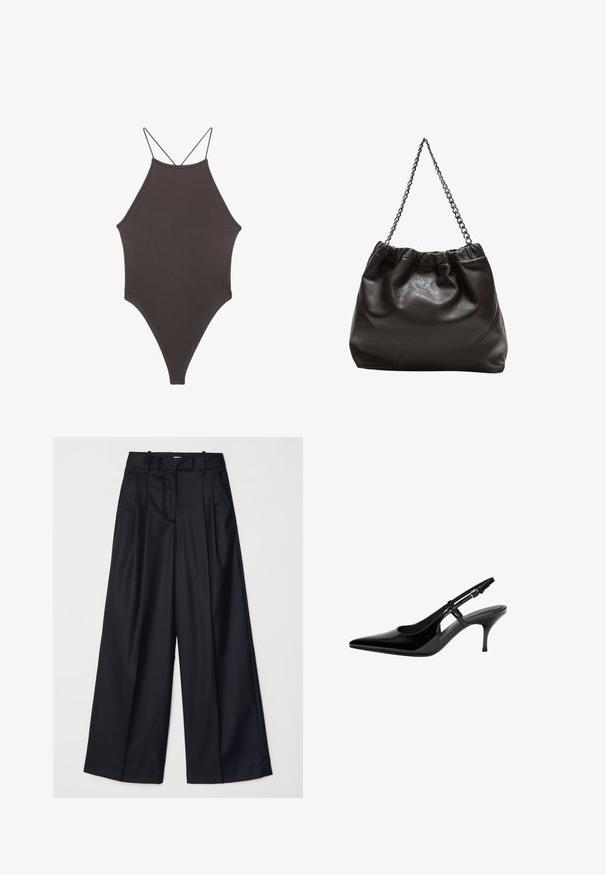 Rjav, enodelni kopalke z visokim ovratnikom in tankimi nastavljivimi naramnicami; ima visok rez na nogah in gladko teksturo. Brez vzorcev ali okrasnih elementov.; Črne široke hlače iz gladkega blaga, z visokim pasom, naborki in prirejenim dizajnom. Preprosta črna strojna oprema na pasu.; Črne patentne usnjene slingback čevlje s koničastim nosom, odprtimi stranskimi izrezi, ozkim petam in nastavljivim gležnjava.; Rjava usnjena torba z nabranim vrhom in verižnim trakom. Gladka tekstura z sijajno površino in subtilnimi šivi na straneh.