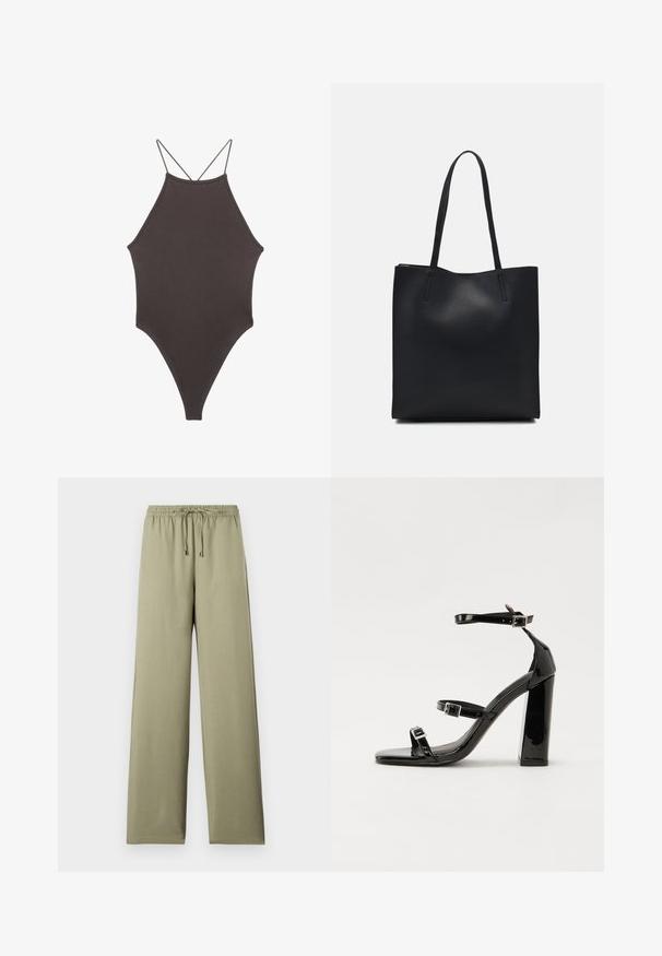 Hnědé, jednodílné plavky s vysokým krkem a tenkými, nastavitelnými ramínky; mají vysoký střih nohavic a hladkou texturu. Žádné vzory ani ozdoby.; Olivově zelené kalhoty s širokými nohavicemi, elastickým pasem, nastavitelnou šňůrkou a hladkým povrchem. Bez viditelných vzorů nebo akcentů.; Černé lakované sandály na podpatku se čtveratou špičkou, lýtkovými pásky a stříbrnými přezkami. Disponují masivním blokovým podpatkem pro stabilitu.; Černá kožená taška přes rameno s hladkým povrchem, obdélníkovým tvarem a dvěma dlouhými uchy. Žádné viditelné kování ani ozdoby.