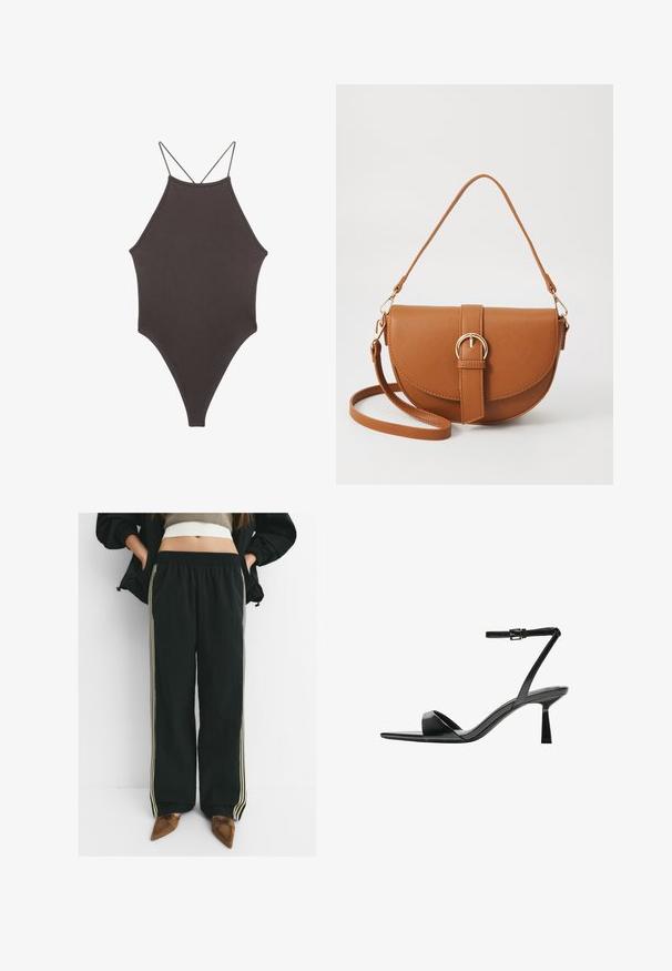 Hnědé, jednodílné plavky s vysokým krkem a tenkými, nastavitelnými ramínky; mají vysoký střih nohavic a hladkou texturu. Žádné vzory ani ozdoby.; Černé, volné tepláky s elastickým pasem a bočními kapsami, s kontrastními světle béžovými pruhy podél nohavic.; Bershka Sandály na vysokém podpatku - black; Hnědá kožená křížová taška s zakřiveným tvarem, zlatými detaily a akcentem s přezkou. Obsahuje odnímatelný popruh na rameno.