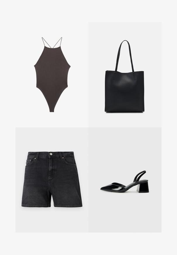 Rjav, enodelni kopalke z visokim ovratnikom in tankimi nastavljivimi naramnicami; ima visok rez na nogah in gladko teksturo. Brez vzorcev ali okrasnih elementov.; Črne jeans kratke hlače klasičnega kroja, z gumbnim zapiranjem, sprednjimi žepi in gladko, rahlo teksturirano tkanino.; Črne lakirane slingback pete s koničastim nosom in geometrijsko blokasto peto. Imajo eleganten, minimalističen dizajn in gladko teksturo.; Črna usnjena torba s svilnato teksturo, pravokotne oblike in dvema dolgima ročajema. Brez vidnih metalnih delov ali okrasnih elementov.