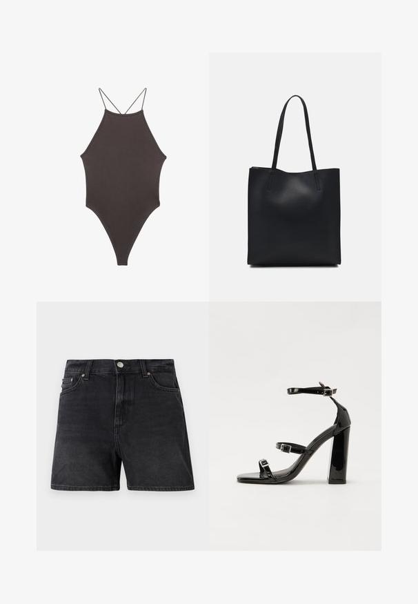 Brun, hög nacke baddräkt med tunna, justerbara remmar; har högskuren ben och slät textur. Inga mönster eller dekorationer.; Svarta denimshorts med en klassisk skärning, utrustade med knäppning, framfickor och en slät, något texturerad yta.; Svarta lackerade klacksandaler med fyrkantig tå, ankelremmar och silverfärgade spännen. Har en kraftig blockklack för stabilitet.; Svart lädertoffelväska med slät textur, rektangulär form och två långa handtag. Ingen synlig hårdvara eller dekorationer.
