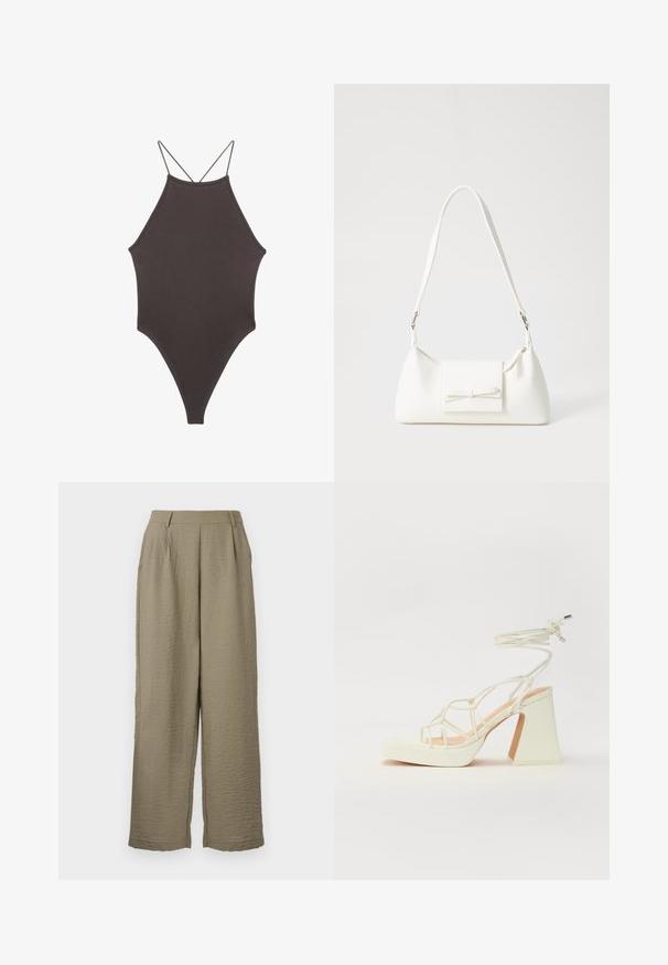 Brun, hög nacke baddräkt med tunna, justerbara remmar; har högskuren ben och slät textur. Inga mönster eller dekorationer.; Kakigröna vida byxor i texturerat tyg, med hög midja och subtila veck för extra detalj. Slät midjebandfinish.; Vit högklackad sandal med en kraftig klack, med ett remdesign och ankelband. Slät textur med en plattform framtill för ökad höjd.; Vit syntetisk handväska med triangulär form, platt framklaff och rosettdetalj, justerbar rem, slät textur och minimalistisk design.