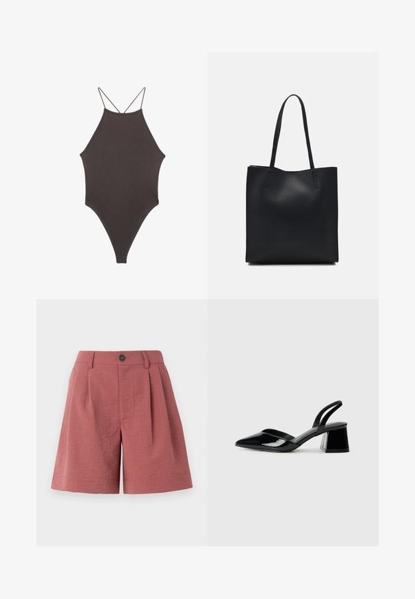 Brauner, hochgeschlossener Badeanzug mit dünnen, verstellbaren Trägern; zeichnet sich durch einen hohen Beinschnitt und eine glatte Textur aus. Keine Muster oder Verzierungen.; Rote strukturierte Shorts mit Knopfverschluss, Falten an der Vorderseite und geradem Schnitt, entworfen für den Freizeitgebrauch.; Schwarze Lackleder-Slingback-High Heels mit spitzem Schuh und einem geometrischen Blockabsatz. Verfügt über ein schlankes, minimalistisches Design und eine glatte Textur.; Schwarze Laptoptasche aus Leder mit glatter Textur, rechteckiger Form und zwei langen Griffen. Keine sichtbaren Beschläge oder Verzierungen.
