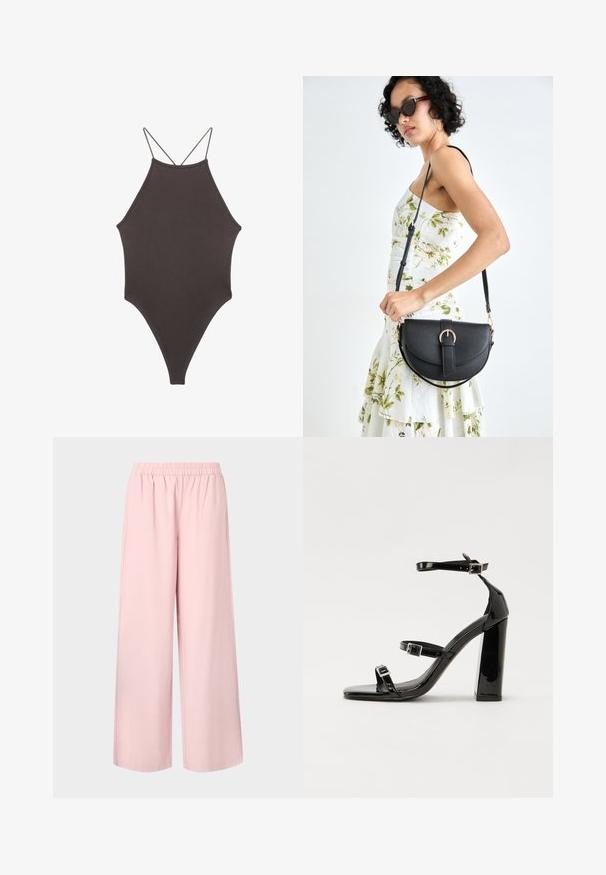 Bruine, hoge hals ééndelige zwempak met dunne, verstelbare schouderbandjes; beschikt over een hoge beenuitsnijding en een gladde textuur. Geen patronen of versieringen.; Roze wijde broek met een elastische tailleband en een gladde textuur, met een losse pasvorm en een rechte snit van taille tot zoom.; Zwarte gepatenteerde sandalen met hak en een vierkante neus, enkelbandjes en zilveren gespen. Heeft een stevige blokhak voor stabiliteit.; Zwarte leren handtas met een gebogen vorm, afneembare schouderband en gouden hardware. De tas heeft een klep met een gespsluiting.
