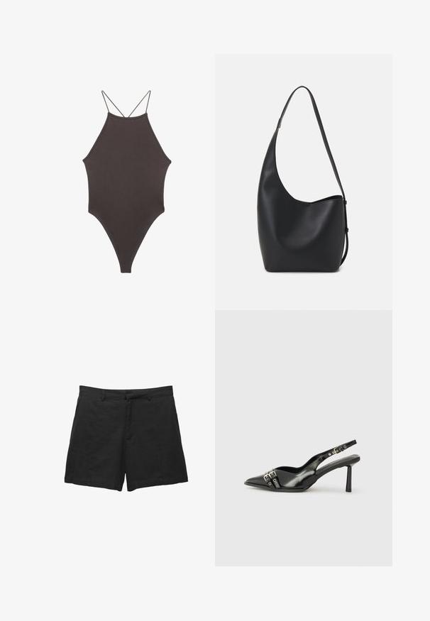 Ruskea, korkeakauluksinen yksiosainen uimapuku, jossa on ohuet, säädettävät hihnat; siinä on korkea lahje ja sileä tekstuuri. Ei kuvioita tai koristeita.; Mustat pellavashortsit, joissa on räätälöity muotoilu, tasainen etuosa, vyölenkit ja sivutaskut. Tasainen tekstuuri ja siisti leikattu helma.; Musta patenttinen nahkainen slingback-kengät, joissa on terävä nenä, nilkkahihnat hopeisilla soljilla ja varusteilla sekä hoikka korko.; Musta nahkainen hobo-laukku, jossa on sileä pinta, kaareva muoto ja yksi säädettävä olkahihna; sisäänkäynti on leveä ylhäältä.