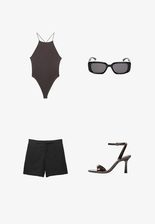 Hnedé, vysoký krk jednodielne plavky s tenkými, nastaviteľnými ramienkami; s vysokým strihom na nohách a hladkým povrchom. Bez vzorov alebo ozdôb.; Čierne ľanové šortky s prispôsobeným strihom, plochým predným dielom, pútkami na opasok a bočnými vreckami. Hladká textúra s čistým lemovaním.; Hnedé lakované sandále na vysokom opätku s remienkom okolo členka, otvorenou špičkou a elegantným, minimalistickým dizajnom. Obsahujú štvorcovú pätu.; Čierne obdĺžnikové slnečné okuliare s tmavými sklami, hladkým plastovým rámom a zakrivenými stranami. Dizajn je robustný s minimalistickou estetikou.