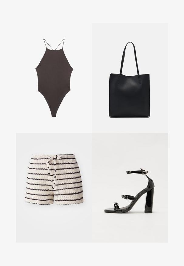 Ruskea, korkeakauluksinen yksiosainen uimapuku, jossa on ohuet, säädettävät hihnat; siinä on korkea lahje ja sileä tekstuuri. Ei kuvioita tai koristeita.; Neulehousut vaaleassa sävyssä mustilla raidoilla. Varustettu nyöri- ja tekstuurilla. Lyhyt pituus, rento muotoilu.; Musta kiiltävä korkokenkä sandaalit neliönmuotoisella varpaalla, nilkkaremmillä ja hopeisilla soljilla. Varustettu tukevalla lohkokorkealla vakauden takaamiseksi.; Mustapahkainen kangaskassi, jossa on sileä pinta, suorakaiteen muotoinen ja kaksi pitkää kahvaa. Ei näkyvää metalliosaa tai koristeita.