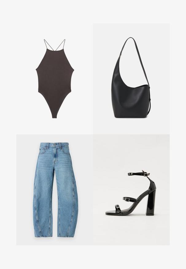 Brązowy jednoczęściowy kostium kąpielowy z wysokim dekoltem i cienkimi, regulowanymi ramiączkami; charakteryzuje się wysokim krojem nogawek i gładką teksturą. Bez wzorów ani ozdób.; Jasnoniebieskie dżinsy o szerokim kroju, z wyblakłymi miejscami, przednimi kieszeniami i charakterystycznym wzorem przeszycia po bokach.; Czarne lakierowane sandały na obcasie z kwadratowym noskiem, z paskami wokół kostki i srebrnymi klamrami. Posiadają masywny słupek dla stabilności.; Czarna skórzana torba hobo o gładkiej fakturze, zaokrąglonym kształcie i pojedynczym, regulowanym pasku; posiada szerokie otwarcie na górze.