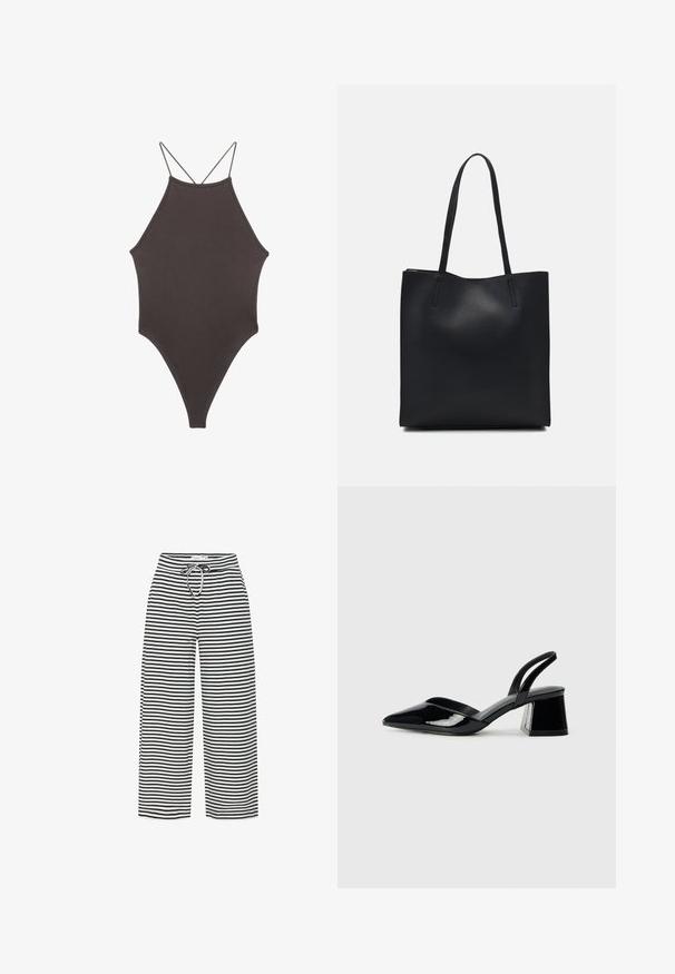 Brauner, hochgeschlossener Badeanzug mit dünnen, verstellbaren Trägern; zeichnet sich durch einen hohen Beinschnitt und eine glatte Textur aus. Keine Muster oder Verzierungen.; Schwarz-weiße gestreifte weite Hosen mit einem Kordelzugbund. Der Stoff wirkt weich und leicht und zeigt gleichmäßig verteilte horizontale Streifen.; Schwarze Lackleder-Slingback-High Heels mit spitzem Schuh und einem geometrischen Blockabsatz. Verfügt über ein schlankes, minimalistisches Design und eine glatte Textur.; Schwarze Laptoptasche aus Leder mit glatter Textur, rechteckiger Form und zwei langen Griffen. Keine sichtbaren Beschläge oder Verzierungen.
