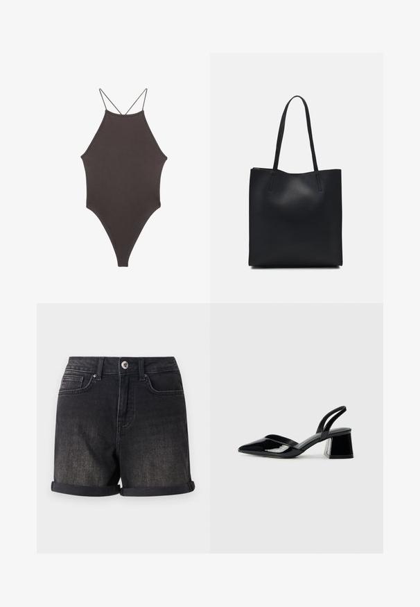 Brązowy jednoczęściowy kostium kąpielowy z wysokim dekoltem i cienkimi, regulowanymi ramiączkami; charakteryzuje się wysokim krojem nogawek i gładką teksturą. Bez wzorów ani ozdób.; Czarne szorty dżinsowe z podwiniętym dołem, pięcioma kieszeniami i zapięciem na guzik z przodu. Materiał ma lekko zszarzały wygląd.; Czarne lakierowane półbuty na obcasie z wydłużonym noskiem i geometrycznym słupkiem. Charakteryzują się eleganckim, minimalistycznym designem oraz gładką fakturą.; Czarna skórzana torba tote o gładkiej fakturze, prostokątnym kształcie i dwóch długich uchwytach. Brak widocznych elementów metalowych i ozdób.
