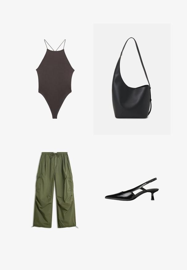 Brązowy jednoczęściowy kostium kąpielowy z wysokim dekoltem i cienkimi, regulowanymi ramiączkami; charakteryzuje się wysokim krojem nogawek i gładką teksturą. Bez wzorów ani ozdób.; Zielone cargo z elastycznym pasem, sznurkiem, bocznymi kieszeniami z klapką i regulowanymi nogawkami, ułożone na płasko na białym tle.; Czarne lakierowane czółenka na odkrytej pięcie z wąskim noskiem, z wykrojem po bokach i małym kwadratowym obcasem. Gładka faktura z minimalnymi akcentami.; Czarna skórzana torba hobo o gładkiej fakturze, zaokrąglonym kształcie i pojedynczym, regulowanym pasku; posiada szerokie otwarcie na górze.