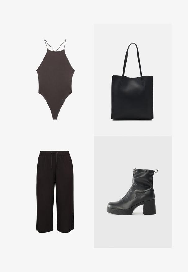 Brauner, hochgeschlossener Badeanzug mit dünnen, verstellbaren Trägern; zeichnet sich durch einen hohen Beinschnitt und eine glatte Textur aus. Keine Muster oder Verzierungen.; Schwarze, weit geschnittene Hosen aus einem weichen, leichten Stoff. Sie verfügen über einen elastischen Bund mit Kordelzug und eine gerade, fließende Silhouette.; Schwarze Stiefeletten aus glattem Leder mit seitlichem Reißverschluss, klobigem strukturiertem Absatz und runder Zehenform.; Schwarze Laptoptasche aus Leder mit glatter Textur, rechteckiger Form und zwei langen Griffen. Keine sichtbaren Beschläge oder Verzierungen.