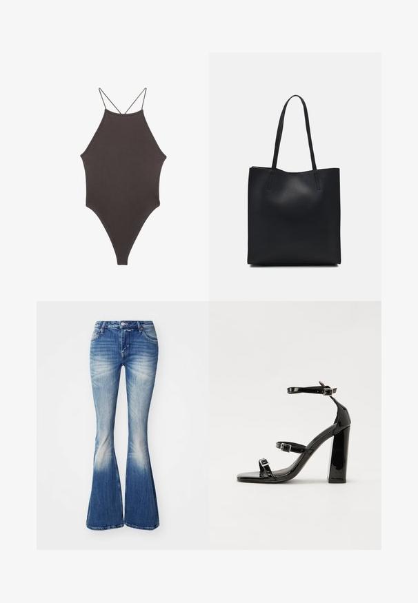 Brown, high-neck one-piece swimsuit with thin, adjustable straps; features a high-cut leg and smooth texture. No patterns or embellishments.; Blue flared jeans made of denim with a faded wash. Features include a fitted waist, five-pocket design, and slight distressing at the hems.; Black patent heeled sandals with a square toe, ankle straps, and silver buckles. Features a chunky block heel for stability.; Black leather tote bag with smooth texture, rectangular shape, and two long handles. No visible hardware or embellishments.
