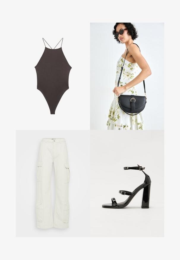Bruine, hoge hals ééndelige zwempak met dunne, verstelbare schouderbandjes; beschikt over een hoge beenuitsnijding en een gladde textuur. Geen patronen of versieringen.; Cargo-broeken in off-white katoen, met wijde benen, zijzakken en knoopsluiting bij de taille. Gladde textuur met utilitair ontwerp.; Zwarte patent lederen sandalen met hoge hakken, twee gespenbanden, een vierkante neus en een stevige blokhak, met een gladde, glanzende textuur.; Zwarte leren handtas met een gebogen vorm, afneembare schouderband en gouden hardware. De tas heeft een klep met een gespsluiting.