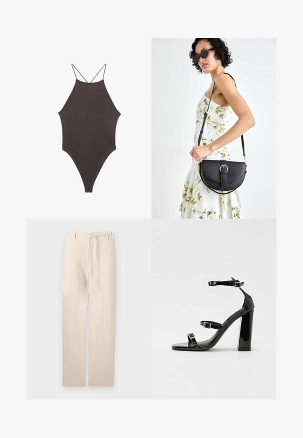 Hnědé, jednodílné plavky s vysokým krkem a tenkými, nastavitelnými ramínky; mají vysoký střih nohavic a hladkou texturu. Žádné vzory ani ozdoby.; Beige lněné kalhoty se střihem rovného nohavice, s knoflíkovým zapínáním a textilním páskem v pase, což vytváří lehký a strukturovaný vzhled.; Černé lakované sandály na vysokém podpatku se dvěma pásky se sponami, čtvercovou špičkou a robustním blokovým podpatkem, s hladkou, lesklou texturou.; Černá kožená kabelka s křivkovým tvarem, odnímatelným popruhem a zlatými detaily. Kabelka má klopu s přezkou.