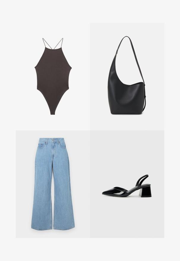 Rjav, enodelni kopalke z visokim ovratnikom in tankimi nastavljivimi naramnicami; ima visok rez na nogah in gladko teksturo. Brez vzorcev ali okrasnih elementov.; Svetlo modri široki traper hlače z visokim pasom, sprednjimi žepi in surovim robom, z rahlim bledenjem in teksturiranim zaključkom.; Črne lakirane slingback pete s koničastim nosom in geometrijsko blokasto peto. Imajo eleganten, minimalističen dizajn in gladko teksturo.; Črna usnjena hobo torba z gladko teksturo, ukrivljeno obliko in eno nastavljivo naramnico; ima širok odprtina na vrhu.