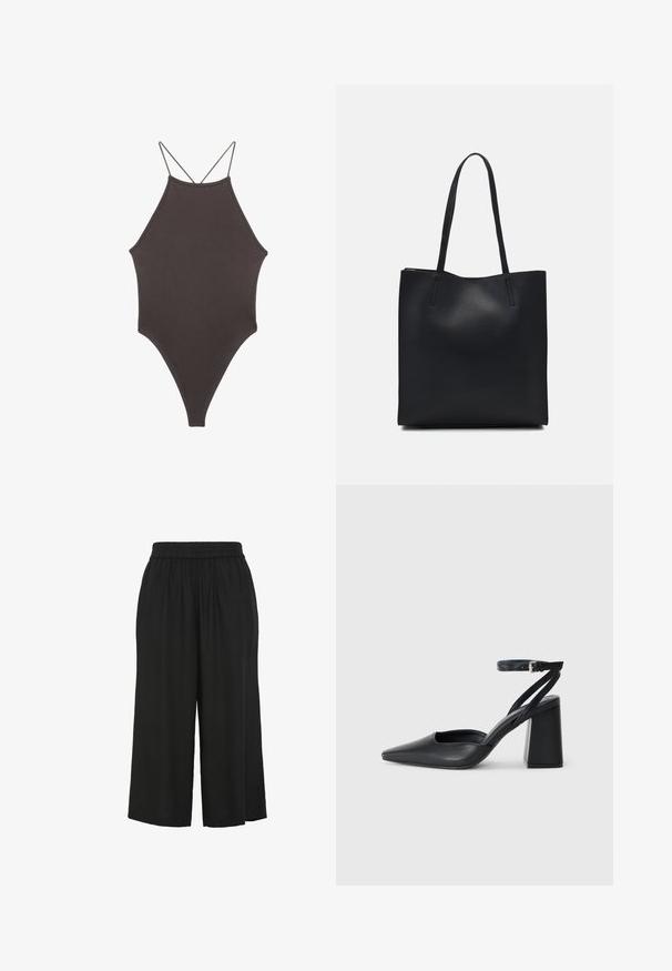 Rjav, enodelni kopalke z visokim ovratnikom in tankimi nastavljivimi naramnicami; ima visok rez na nogah in gladko teksturo. Brez vzorcev ali okrasnih elementov.; Črne široke hlače z elastičnim pasom, narejene iz mehkega materiala, z ohlapnim krojem in dolgoščasno dolžino. Brez vidnih zaponk.; Črne usnjene klasične čevlje z ostrim nosom, z zaponko za gleženj in debelim peto. Ravna tekstura, eleganten dizajn in minimalistična estetika.; Črna usnjena torba s svilnato teksturo, pravokotne oblike in dvema dolgima ročajema. Brez vidnih metalnih delov ali okrasnih elementov.