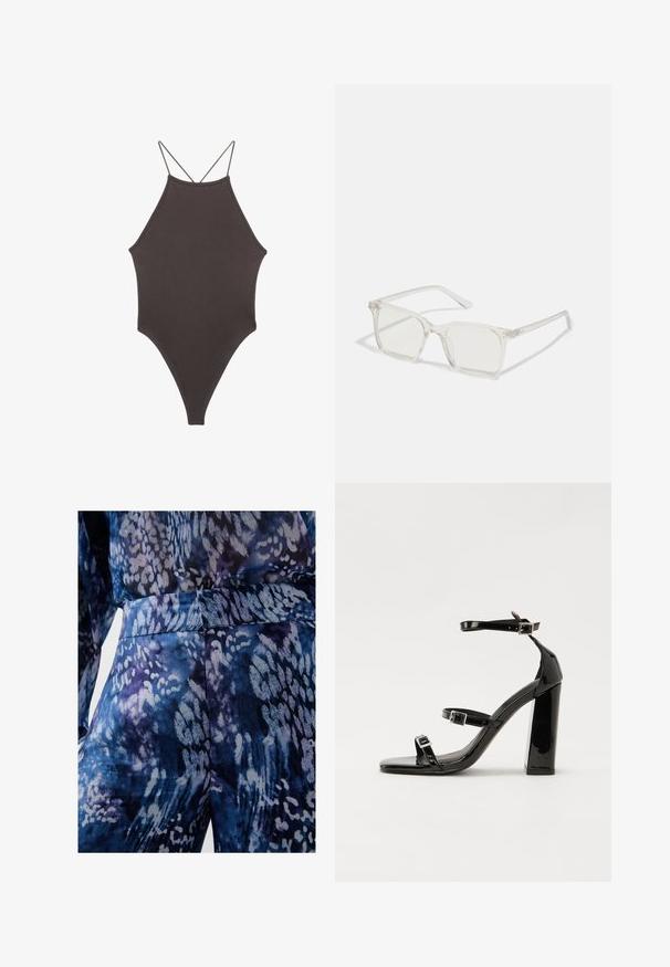 Bruine, hoge hals ééndelige zwempak met dunne, verstelbare schouderbandjes; beschikt over een hoge beenuitsnijding en een gladde textuur. Geen patronen of versieringen.; Blauwe en paarse gestreepte stof met een soepele textuur, met abstracte vormen en een aansluitende tailleband. Close-up van de details van het kledingstuk.; Zwarte gepatenteerde sandalen met hak en een vierkante neus, enkelbandjes en zilveren gespen. Heeft een stevige blokhak voor stabiliteit.; Heldere plastic vierkante monturen met doorzichtige glazen, gekenmerkt door gouden accenten op de slapen voor extra detail.; Zilveren metalen leren jas met een schapenwollen kraag, voorzien van een ritssluiting en een gestructureerd oppervlak. Grote druppelvormige oorbellen met heldere edelstenen.