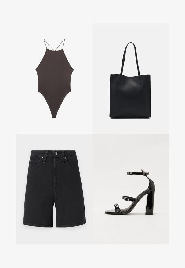 Brun, hög nacke baddräkt med tunna, justerbara remmar; har högskuren ben och slät textur. Inga mönster eller dekorationer.; Svarta denimshorts med rak skärning, fem fickor, metallknäppning och subtila sömdetaljer. Slät tygkänsla, medelhög midja.; Svarta lackerade högklackade sandaler med två spännband, fyrkantig tå och en tjock klack, med en slät och glansig yta.; Svart lädertoffelväska med slät textur, rektangulär form och två långa handtag. Ingen synlig hårdvara eller dekorationer.