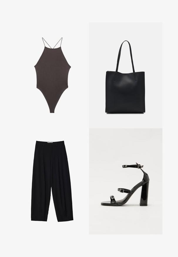 Brązowy jednoczęściowy kostium kąpielowy z wysokim dekoltem i cienkimi, regulowanymi ramiączkami; charakteryzuje się wysokim krojem nogawek i gładką teksturą. Bez wzorów ani ozdób.; Czarne szerokie spodnie wykonane z lekkiego materiału, z plisami z przodu, klasycznym paskiem w talii i kieszeniami bocznymi. Gładka tekstura.; Czarne lakierowane sandały na obcasie z kwadratowym noskiem, z paskami wokół kostki i srebrnymi klamrami. Posiadają masywny słupek dla stabilności.; Czarna skórzana torba tote o gładkiej fakturze, prostokątnym kształcie i dwóch długich uchwytach. Brak widocznych elementów metalowych i ozdób.