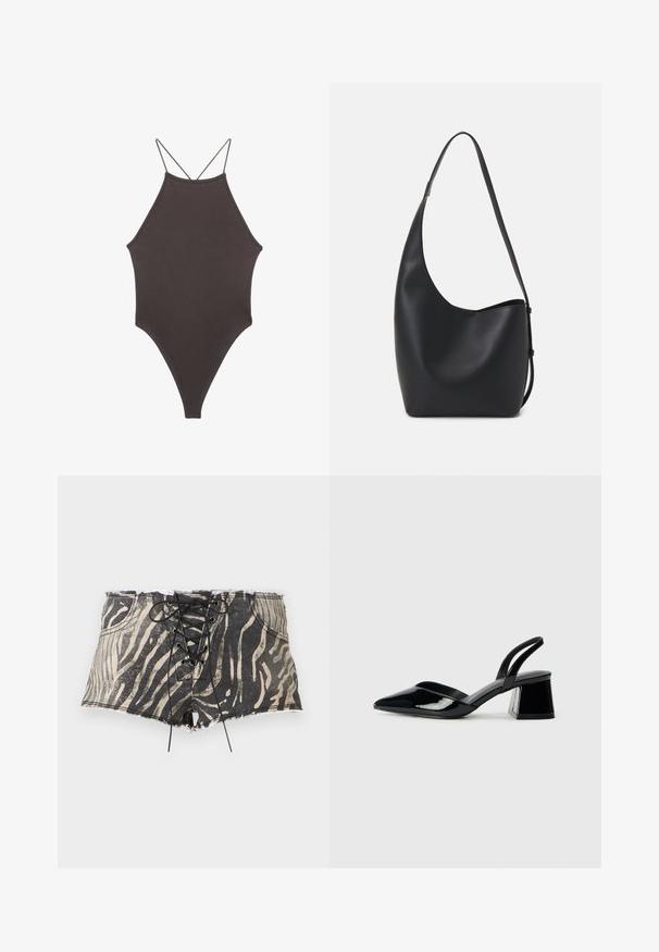 Brauner, hochgeschlossener Badeanzug mit dünnen, verstellbaren Trägern; zeichnet sich durch einen hohen Beinschnitt und eine glatte Textur aus. Keine Muster oder Verzierungen.; Denimshorts mit einem schwarz-beigen Zebra-Print, mit einer Schnürung vorne, fransigem Saum und Taschen auf jeder Seite.; Schwarze Lackleder-Slingback-High Heels mit spitzem Schuh und einem geometrischen Blockabsatz. Verfügt über ein schlankes, minimalistisches Design und eine glatte Textur.; Schwarze Leder-Hobo-Tasche mit einer glatten Textur, geschwungener Form und einem einzelnen verstellbaren Tragegurt; verfügt über eine weite Öffnung am oberen Ende.