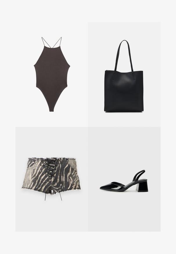 Brun højhalset heldragt badedragt med tynde, justerbare stropper; har højt skåret ben og glat tekstur. Ingen mønstre eller udsmykninger.; Denim shorts med et sort og beige zebrastrik, som har snørebånd foran, rå kant og lommer på hver side.; Sorte patentlæder slingback hæle med spids tå og en geometrisk blok hæl. Har et elegant, minimalistisk design og en glat tekstur.; Sort læder tote taske med glat tekstur, rektangulær form og to lange hanke. Ingen synlig hardware eller udsmykninger.