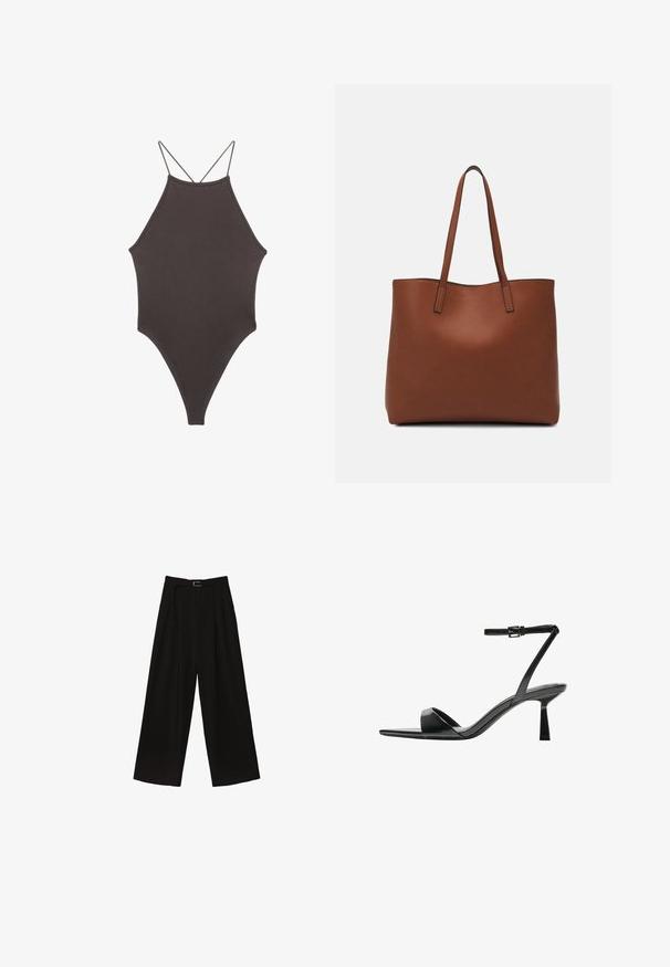Ruskea, korkeakauluksinen yksiosainen uimapuku, jossa on ohuet, säädettävät hihnat; siinä on korkea lahje ja sileä tekstuuri. Ei kuvioita tai koristeita.; Mustat leveälahkeiset housut, joissa on korkea vyötärö, vyö vyötäröllä ja poimutuksia tekstuuria varten. Valmistettu tasaisesta, kevyestä kankaasta.; Bershka Korolliset sandaalit - black; Ruskea nahkainen olkalaukku, jossa on sileä pinta, avoin yläosa ja kaksi olkahihnaa. Omaavat vain minimaalisen ompelun eikä näkyvää metalliosaa.