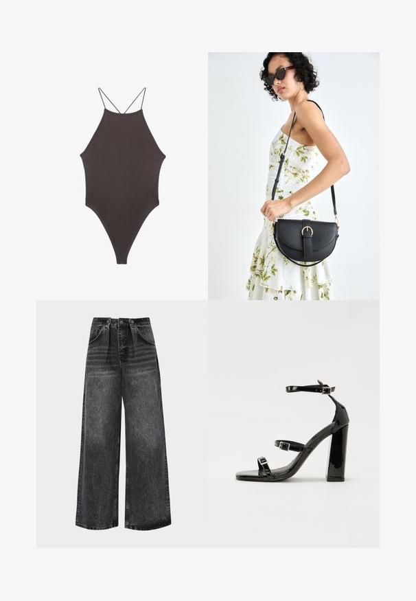 Hnedé, vysoký krk jednodielne plavky s tenkými, nastaviteľnými ramienkami; s vysokým strihom na nohách a hladkým povrchom. Bez vzorov alebo ozdôb.; Široké čierne denimové nohavice s vysokým pásom, so záhybmi, bočnými vreckami a jemným vyblednutím pre textúru. Kovová gombíková uzávierka.; Čierne lakované sandále na vysokom opätku s dvoma prackami, štvorcovou špičkou a hrubým blokovým opätkom, s hladkou, lesklou textúrou.; Čierna kožená kabelka s zaobleným tvarom, odnímateľným popruhom a zlatými doplnkami. Kabelka má klopu s detailom s prackou.