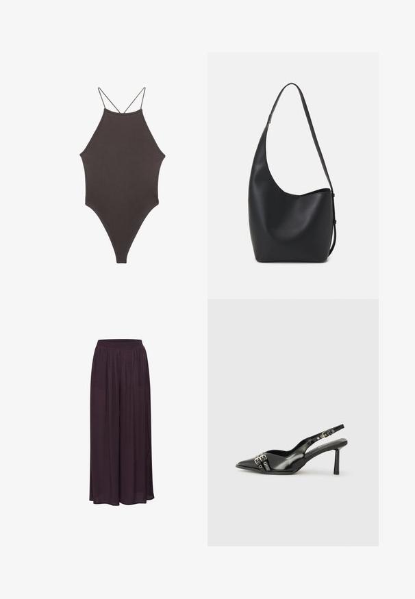 Brun højhalset heldragt badedragt med tynde, justerbare stropper; har højt skåret ben og glat tekstur. Ingen mønstre eller udsmykninger.; Bredde benbukser lavet af let, mørkelilla stof. Har en elastisk talje og et strømlinet design med en glat tekstur.; Sorte patenterede læderslagback sko med spids tå, ankleremme med sølvspænder og hardware samt en slank hæl.; Sort læder hobo taske med en glat overflade, buet form og en enkelt justerbar rem; har en bred åbning øverst.