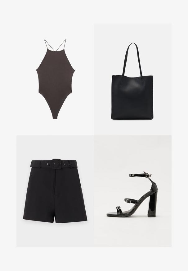 Brauner, hochgeschlossener Badeanzug mit dünnen, verstellbaren Trägern; zeichnet sich durch einen hohen Beinschnitt und eine glatte Textur aus. Keine Muster oder Verzierungen.; Schwarze Shorts aus glattem Stoff mit einem breiten Bund und Gürtelschlaufen sowie einem quadratischen Schnallenverschluss, gestaltet in einer taillierten Passform.; Schwarze patentierte Sandalen mit Absatz, quadratischer Spitze, Knöchelriemen und silbernen Schnallen. Mit einem stabilen Blockabsatz für mehr Stabilität.; Schwarze Laptoptasche aus Leder mit glatter Textur, rechteckiger Form und zwei langen Griffen. Keine sichtbaren Beschläge oder Verzierungen.
