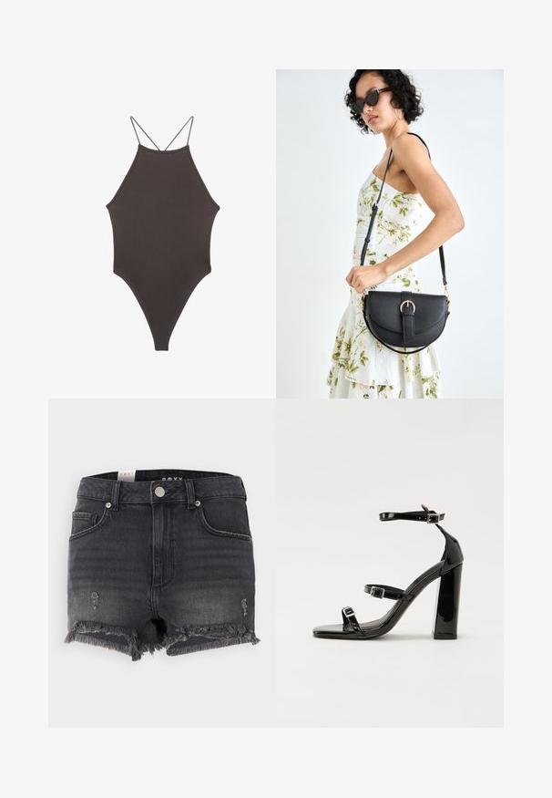 Brązowy jednoczęściowy kostium kąpielowy z wysokim dekoltem i cienkimi, regulowanymi ramiączkami; charakteryzuje się wysokim krojem nogawek i gładką teksturą. Bez wzorów ani ozdób.; Czarne szorty dżinsowe z postrzępionym dołem, zniszczonymi detalami i metalowym zapięciem. Posiadają klasyczny krój i pięć kieszeni.; Czarne lakierowane sandały na obcasie z kwadratowym noskiem, z paskami wokół kostki i srebrnymi klamrami. Posiadają masywny słupek dla stabilności.; Czarna skórzana torebka o zakrzywionym kształcie, z odpinanym paskiem i złotymi akcentami. Torebka posiada klapę z zapięciem w kształcie klamry.