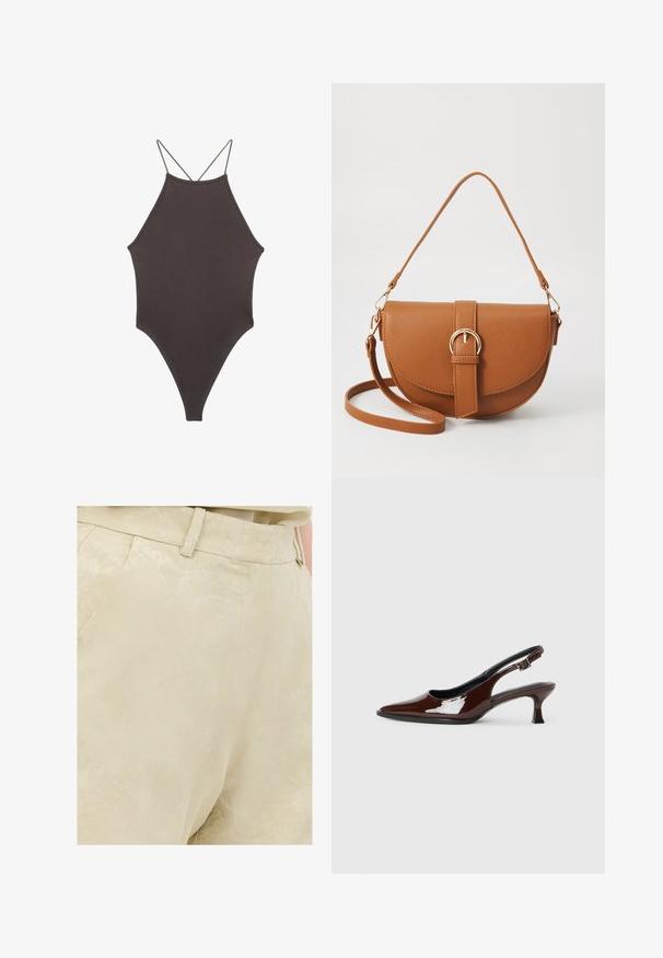 Hnědé, jednodílné plavky s vysokým krkem a tenkými, nastavitelnými ramínky; mají vysoký střih nohavic a hladkou texturu. Žádné vzory ani ozdoby.; Béžové kalhoty s jemným květinovým vzorem, na míru upravený střih a hladká textura. Obsahují poutka na opasek a přední kapsu.; Hnědé lakované kožené slingback boty s špičatou špičkou a mírným podpatkem. Disponují přezkou pro bezpečné upevnění. Hladký povrch.; Hnědá kožená křížová taška s zakřiveným tvarem, zlatými detaily a akcentem s přezkou. Obsahuje odnímatelný popruh na rameno.