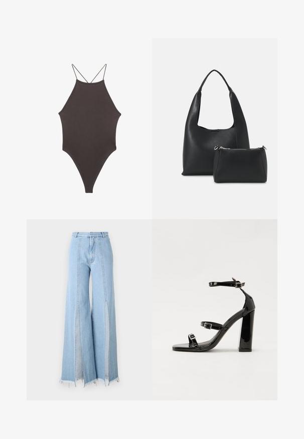 Ruskea, korkeakauluksinen yksiosainen uimapuku, jossa on ohuet, säädettävät hihnat; siinä on korkea lahje ja sileä tekstuuri. Ei kuvioita tai koristeita.; Vaaleansiniset leveälahkeiset farkut, joissa on korkea vyötärö, sivusaumoissa halkiot ja raakapäärmeet. Valmistettu denimistä, jossa on kontrastiväriset ompeleet.; Musta kiiltävä korkokenkä sandaalit neliönmuotoisella varpaalla, nilkkaremmillä ja hopeisilla soljilla. Varustettu tukevalla lohkokorkealla vakauden takaamiseksi.; Even&Odd Käsilaukku - black