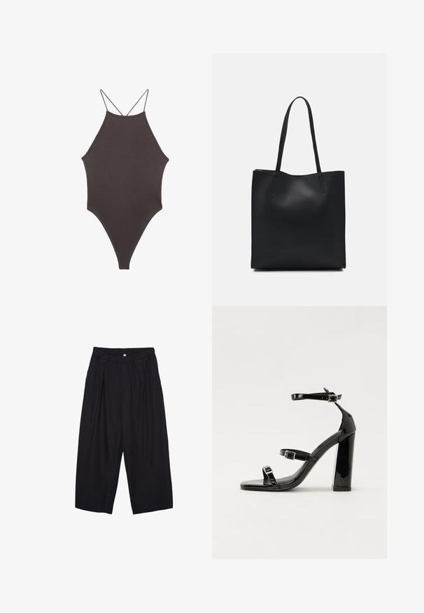 Brauner, hochgeschlossener Badeanzug mit dünnen, verstellbaren Trägern; zeichnet sich durch einen hohen Beinschnitt und eine glatte Textur aus. Keine Muster oder Verzierungen.; Schwarze Polyester-Culotte mit einem elastischen Bund, zwei vorderen Falten und einer lockeren Silhouette. Keine sichtbaren Muster oder Hardware-Details.; Schwarze patentierte Sandalen mit Absatz, quadratischer Spitze, Knöchelriemen und silbernen Schnallen. Mit einem stabilen Blockabsatz für mehr Stabilität.; Schwarze Laptoptasche aus Leder mit glatter Textur, rechteckiger Form und zwei langen Griffen. Keine sichtbaren Beschläge oder Verzierungen.