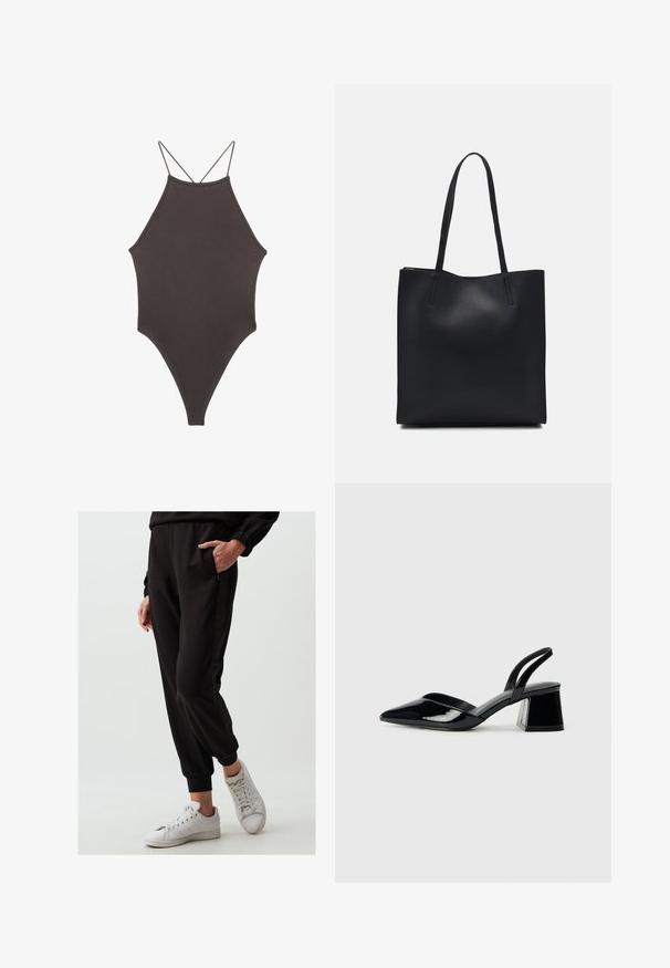 Brauner, hochgeschlossener Badeanzug mit dünnen, verstellbaren Trägern; zeichnet sich durch einen hohen Beinschnitt und eine glatte Textur aus. Keine Muster oder Verzierungen.; Schwarze Jogginghose aus weichem Material mit elastischen Bündchen und Seitentaschen, kombiniert mit weißen Sneakern. Glatte Textur, einfaches Design.; Schwarze Lackleder-Slingback-High Heels mit spitzem Schuh und einem geometrischen Blockabsatz. Verfügt über ein schlankes, minimalistisches Design und eine glatte Textur.; Schwarze Laptoptasche aus Leder mit glatter Textur, rechteckiger Form und zwei langen Griffen. Keine sichtbaren Beschläge oder Verzierungen.