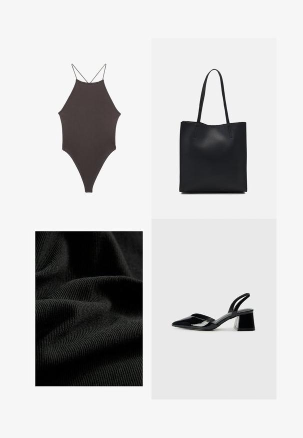 Brązowy jednoczęściowy kostium kąpielowy z wysokim dekoltem i cienkimi, regulowanymi ramiączkami; charakteryzuje się wysokim krojem nogawek i gładką teksturą. Bez wzorów ani ozdób.; Czarna prążkowana tkanina o teksturowanej powierzchni, podkreślająca subtelne fałdy i krzywizny. Materiał wydaje się lekki i elastyczny.; Czarne lakierowane półbuty na obcasie z wydłużonym noskiem i geometrycznym słupkiem. Charakteryzują się eleganckim, minimalistycznym designem oraz gładką fakturą.; Czarna skórzana torba tote o gładkiej fakturze, prostokątnym kształcie i dwóch długich uchwytach. Brak widocznych elementów metalowych i ozdób.