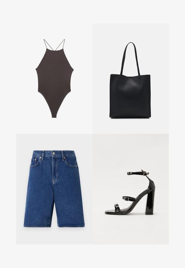 Costume da bagno intero marrone con collo alto e spalline sottili e regolabili; presenta una gamba alta e una texture liscia. Nessun motivo o decorazione.; Shorts in denim blu scuro con vestibilità classica, design a cinque tasche e cuciture arancioni. Completati con chiusura frontale a bottone e zip.; Sandali con tacco in vernice nera, con punta squadrata, cinturini alla caviglia e fibbie in argento. Presentano un tacco a blocco spesso per maggiore stabilità.; Borsa tote in pelle nera con texture liscia, forma rettangolare e due manici lunghi. Nessun hardware o decorazione visibile.