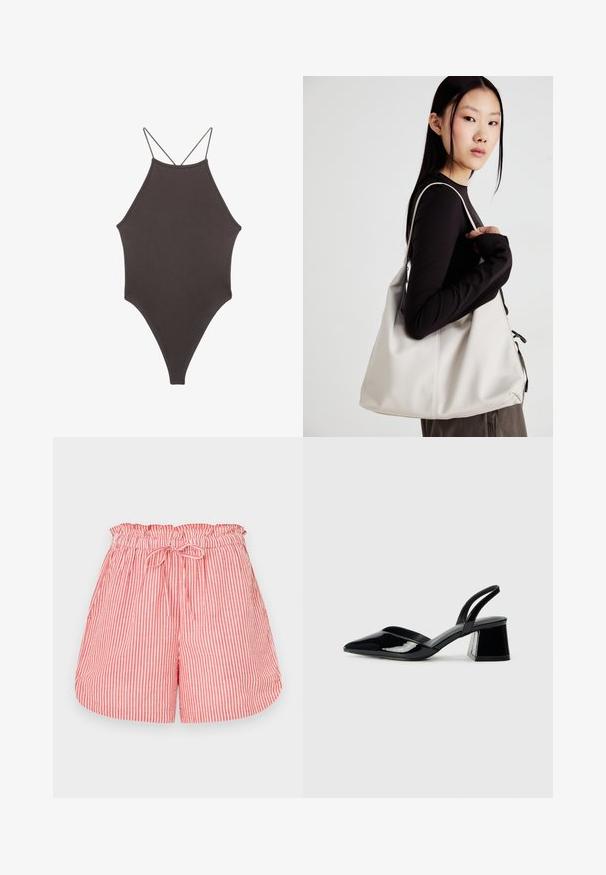 Hnědé, jednodílné plavky s vysokým krkem a tenkými, nastavitelnými ramínky; mají vysoký střih nohavic a hladkou texturu. Žádné vzory ani ozdoby.; Červené a bílé pruhované šortky s elastickým pasem a šňůrkou na stažení. Mají uvolněný střih a hladkou texturu.; Černé lakované kožené lodičky na pásku s špičatou špičkou a geometrickým blokovým podpatkem. Vyznačují se elegantním, minimalistickým designem a hladkým povrchem.; Beige kabelka vyrobená z měkkého materiálu, s volným designem, prošívanými detaily a dvěma ramenními popruhy. Vhodná pro každodenní použití.