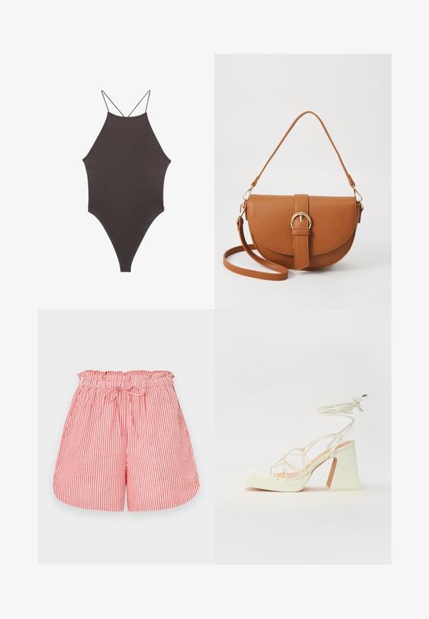Brun, hög nacke baddräkt med tunna, justerbara remmar; har högskuren ben och slät textur. Inga mönster eller dekorationer.; Rödrandiga och vitrandiga shorts med elastisk midja och snörning. Har en avslappnad passform och en mjuk textur.; Vit högklackad sandal med en kraftig klack, med ett remdesign och ankelband. Slät textur med en plattform framtill för ökad höjd.; Brun läder crossbody-väska med en böjd form, gyllene detaljer och en spänneaccent. Har en avtagbar axelrem.