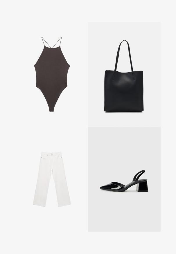 Brauner, hochgeschlossener Badeanzug mit dünnen, verstellbaren Trägern; zeichnet sich durch einen hohen Beinschnitt und eine glatte Textur aus. Keine Muster oder Verzierungen.; Weiße Denim-Hose mit weitem Beinschnitt, ausgestattet mit einem klassischen Fünf-Taschen-Design, Metallbeschlägen und Kontrastnähten. Glatte Textur und lockere Passform.; Schwarze Lackleder-Slingback-High Heels mit spitzem Schuh und einem geometrischen Blockabsatz. Verfügt über ein schlankes, minimalistisches Design und eine glatte Textur.; Schwarze Laptoptasche aus Leder mit glatter Textur, rechteckiger Form und zwei langen Griffen. Keine sichtbaren Beschläge oder Verzierungen.