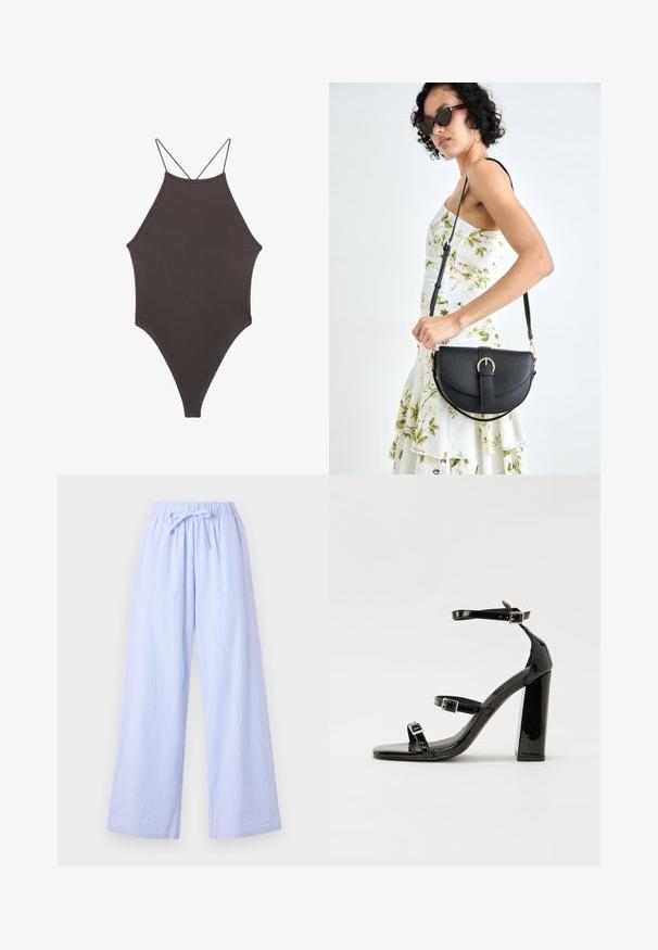 Brauner, hochgeschlossener Badeanzug mit dünnen, verstellbaren Trägern; zeichnet sich durch einen hohen Beinschnitt und eine glatte Textur aus. Keine Muster oder Verzierungen.; Hellblaue gestreifte weite Hose mit elastischem Bund und verstellbarem Bindeband. Aus einem weichen Stoff mit vertikalen Streifen für zusätzliche Textur.; Schwarze patentierte Sandalen mit Absatz, quadratischer Spitze, Knöchelriemen und silbernen Schnallen. Mit einem stabilen Blockabsatz für mehr Stabilität.; Schwarze Lederhandtasche mit geschwungener Form, abnehmbarem Tragegurt und goldenen Beschlägen. Die Tasche verfügt über einen Deckel mit einer Schnallen-Details.