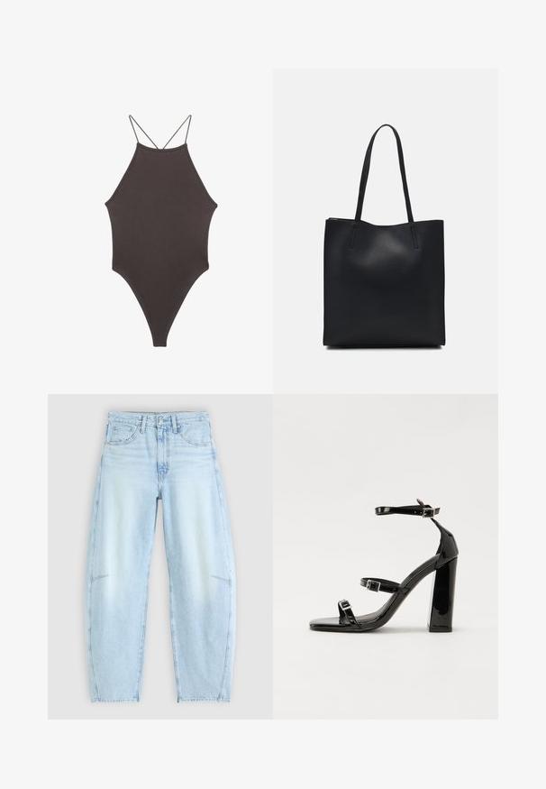 Hnědé, jednodílné plavky s vysokým krkem a tenkými, nastavitelnými ramínky; mají vysoký střih nohavic a hladkou texturu. Žádné vzory ani ozdoby.; Svetle modré džíny s volným střihem, vysokým pasem, pěti kapsami a jemným zesvětlením s roztrhanými detaily na lemu.; Černé lakované sandály na vysokém podpatku se dvěma pásky se sponami, čtvercovou špičkou a robustním blokovým podpatkem, s hladkou, lesklou texturou.; Černá kožená taška přes rameno s hladkým povrchem, obdélníkovým tvarem a dvěma dlouhými uchy. Žádné viditelné kování ani ozdoby.