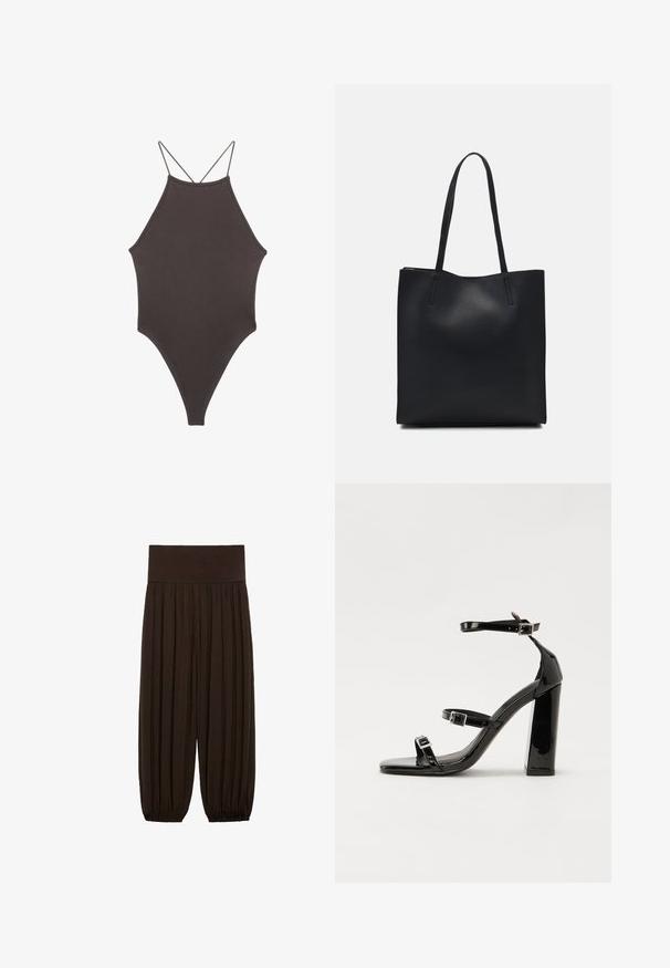 Hnědé, jednodílné plavky s vysokým krkem a tenkými, nastavitelnými ramínky; mají vysoký střih nohavic a hladkou texturu. Žádné vzory ani ozdoby.; Hnědé plisované kalhoty se širokým elastickým pasem. Materiál je lehký a strukturovaný, s nařasenými lemy na manžetách.; Černé lakované sandály na podpatku se čtveratou špičkou, lýtkovými pásky a stříbrnými přezkami. Disponují masivním blokovým podpatkem pro stabilitu.; Černá kožená taška přes rameno s hladkým povrchem, obdélníkovým tvarem a dvěma dlouhými uchy. Žádné viditelné kování ani ozdoby.