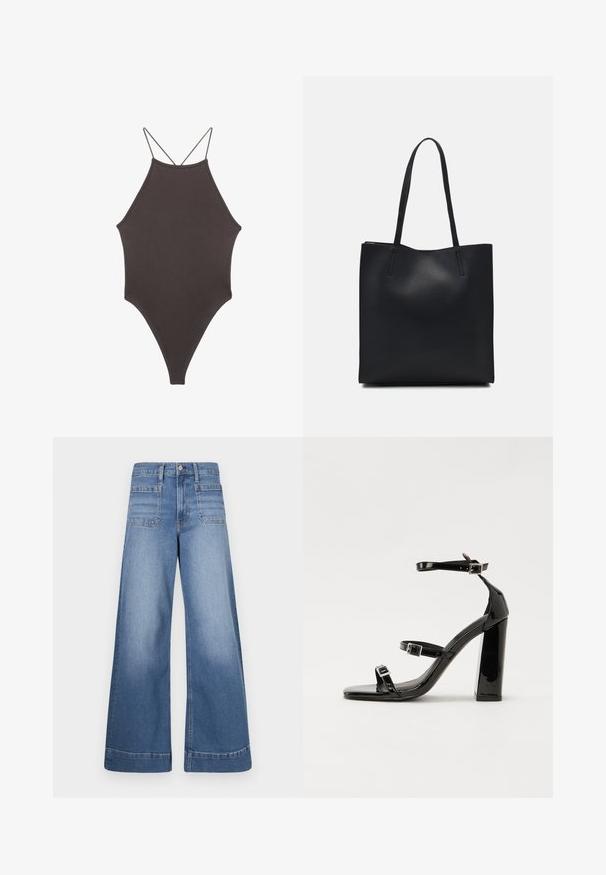 Ruskea, korkeakauluksinen yksiosainen uimapuku, jossa on ohuet, säädettävät hihnat; siinä on korkea lahje ja sileä tekstuuri. Ei kuvioita tai koristeita.; Siniset leveälahkeiset farkut, joissa on korkea vyötärö, kaksi etutaskua ja kaksi takataskua, puhtaalla viimeistelyllä ja hienovaraisella haalistumisella.; Musta kiiltävä korkokenkä sandaalit neliönmuotoisella varpaalla, nilkkaremmillä ja hopeisilla soljilla. Varustettu tukevalla lohkokorkealla vakauden takaamiseksi.; Mustapahkainen kangaskassi, jossa on sileä pinta, suorakaiteen muotoinen ja kaksi pitkää kahvaa. Ei näkyvää metalliosaa tai koristeita.